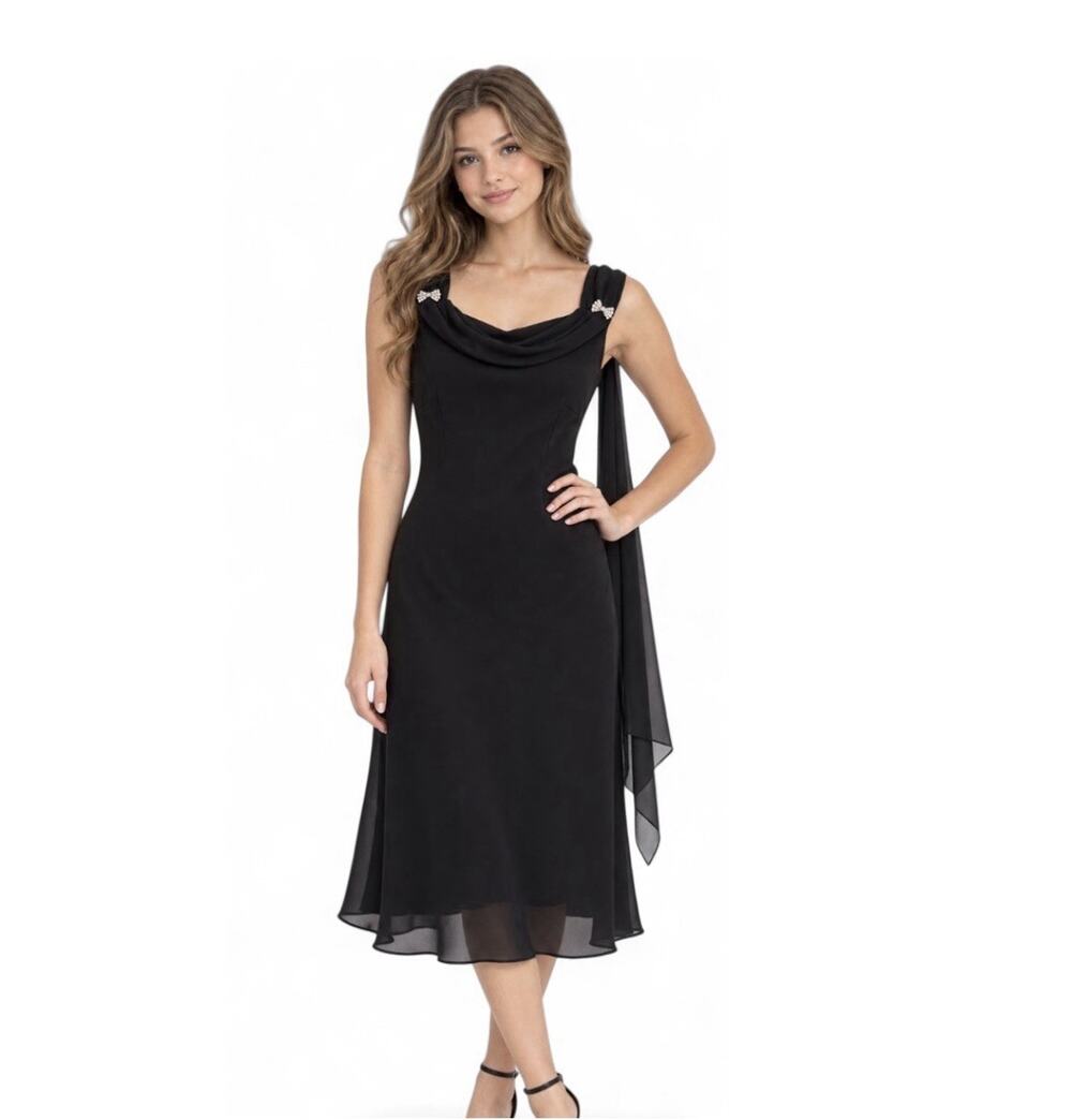 Danny & Nicole Womens 6 Black Cowl Neck Chiffon Midi Dress Rhinestone Formal